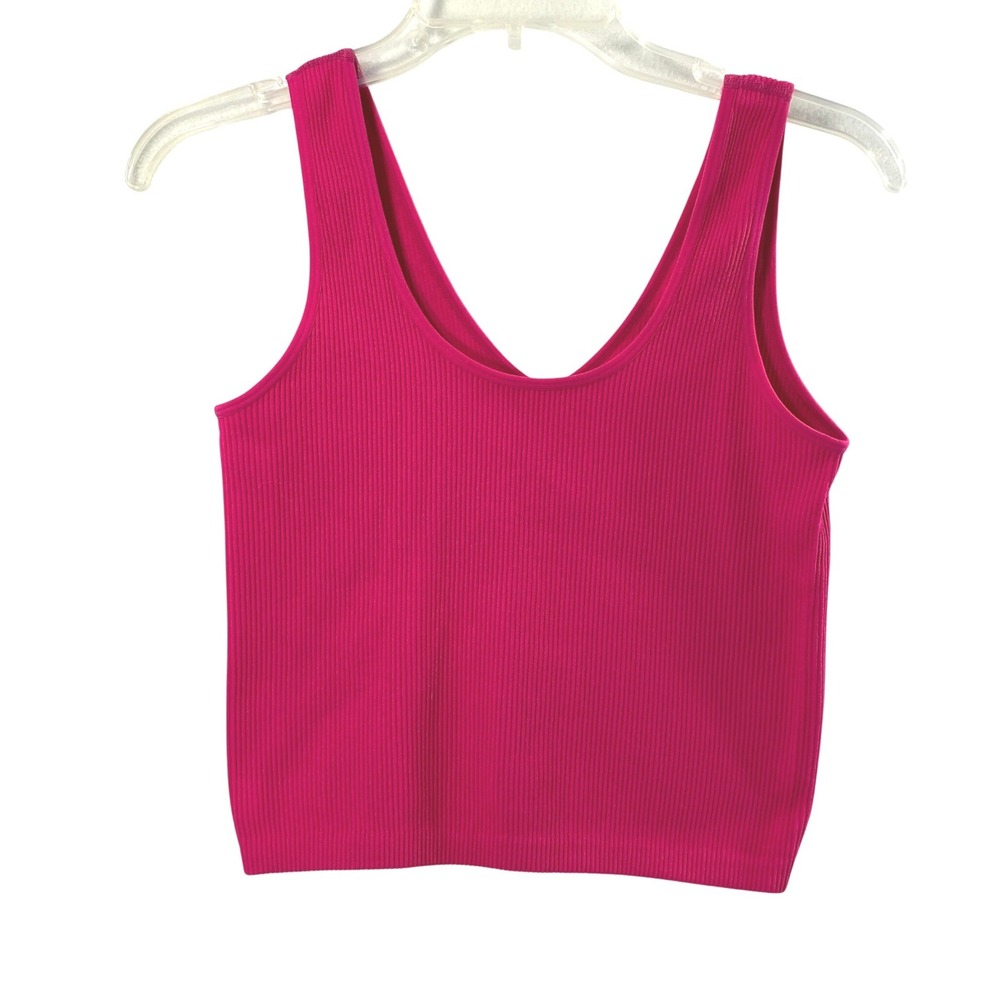 Yelete Tank Top Womens OS Pink Ribbed Seamless V-Back Cropped Stretch Athletic